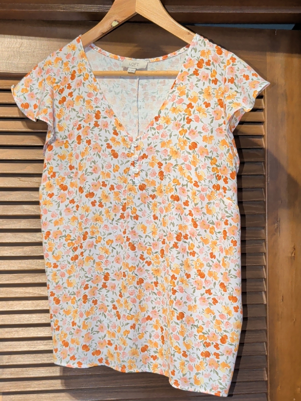 LOFT Orange Green Pink Mixed Media Floral V-Neck Flutter Sleeve Blouse